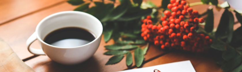 Photo of a coffee cup sitting next to some greenery